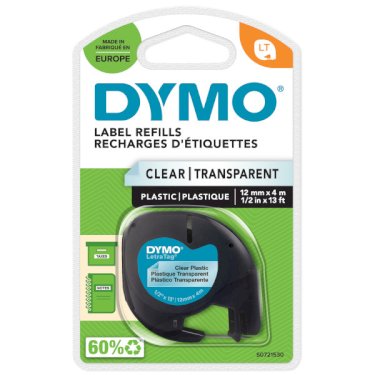 DYMO Letratag plastiktape, svart på transparente, 12mm x 4m Roll, selvklæbende