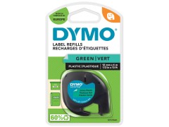 DYMO Letratag plastiktape, svart på grønn, 12mm x 4m rulle, selvklæbende