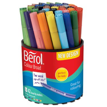 Berol filtspids farvetuscher, tyk spids (1,2 mm), vaskbare, forskellige farger, glass med 42 styk