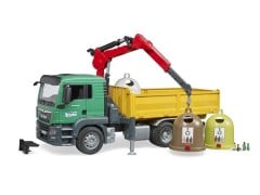 Bruder Man TGS Lastebil m/ lastekran og 3 genbrugscontainere