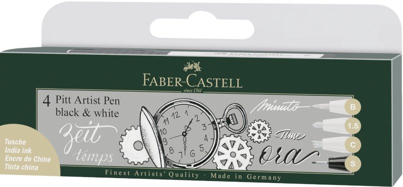 Faber-Castell Pitt Artist Pen, svart & hvit, 4 stk.