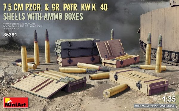 MiniArt, 7,5 cm panzergranater & granatpatroner m/ ammunitionsbokse, 1:35
